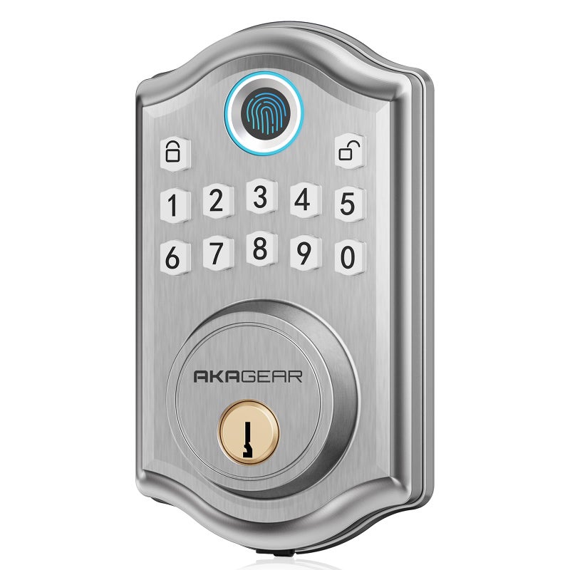 قفل باب ببصمة الإصبع من AkaGear DS10 - قفل باب دخول بدون مفتاح لوحة مفاتيح إلكترونية Deadbolt قفل باب ذكي قفل لوحة مفاتيح للباب الأمامي قفل تلقائي وقفل بلمسة واحدة - نيكل ساتان - Image 1